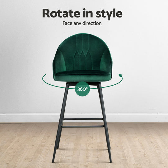 Artiss green velvet swivel bar stool with metal legs, 360° rotation for comfort and style.