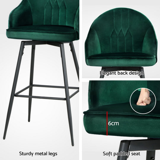 Artiss green velvet bar stool with metal legs, elegant back design, soft padded seat for comfort.