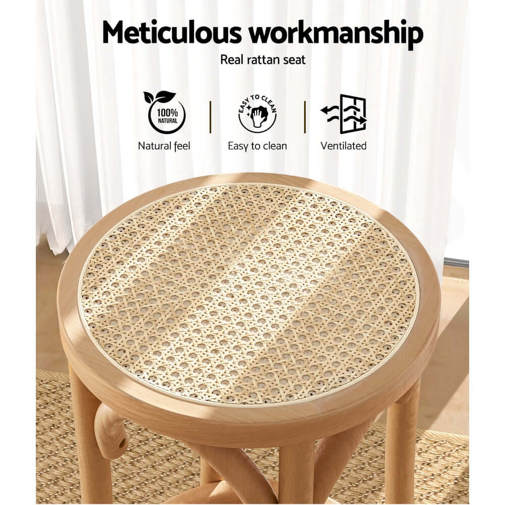 Artiss bar stool top featuring natural rattan seat; easy to clean, ventilated, showcases quality craftsmanship.