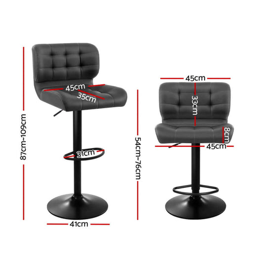 Artiss grey leather bar stools with gas lift, dimensions labeled for affordable seating comfort in modern decor.