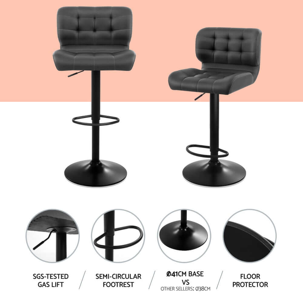 Artiss grey leather bar stools with gas lift, chrome base, padded seat for affordable modern decor.