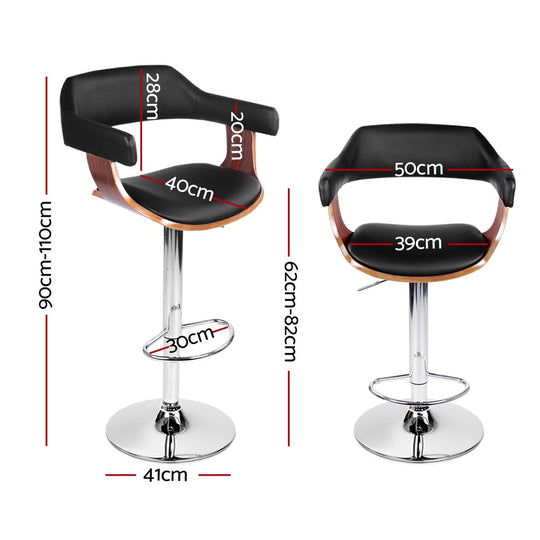 Dimensions of Artiss 4x Bar Stools Gas Lift Leather: height 90-110cm, seat 40cm, footrest 30cm, base 41cm.