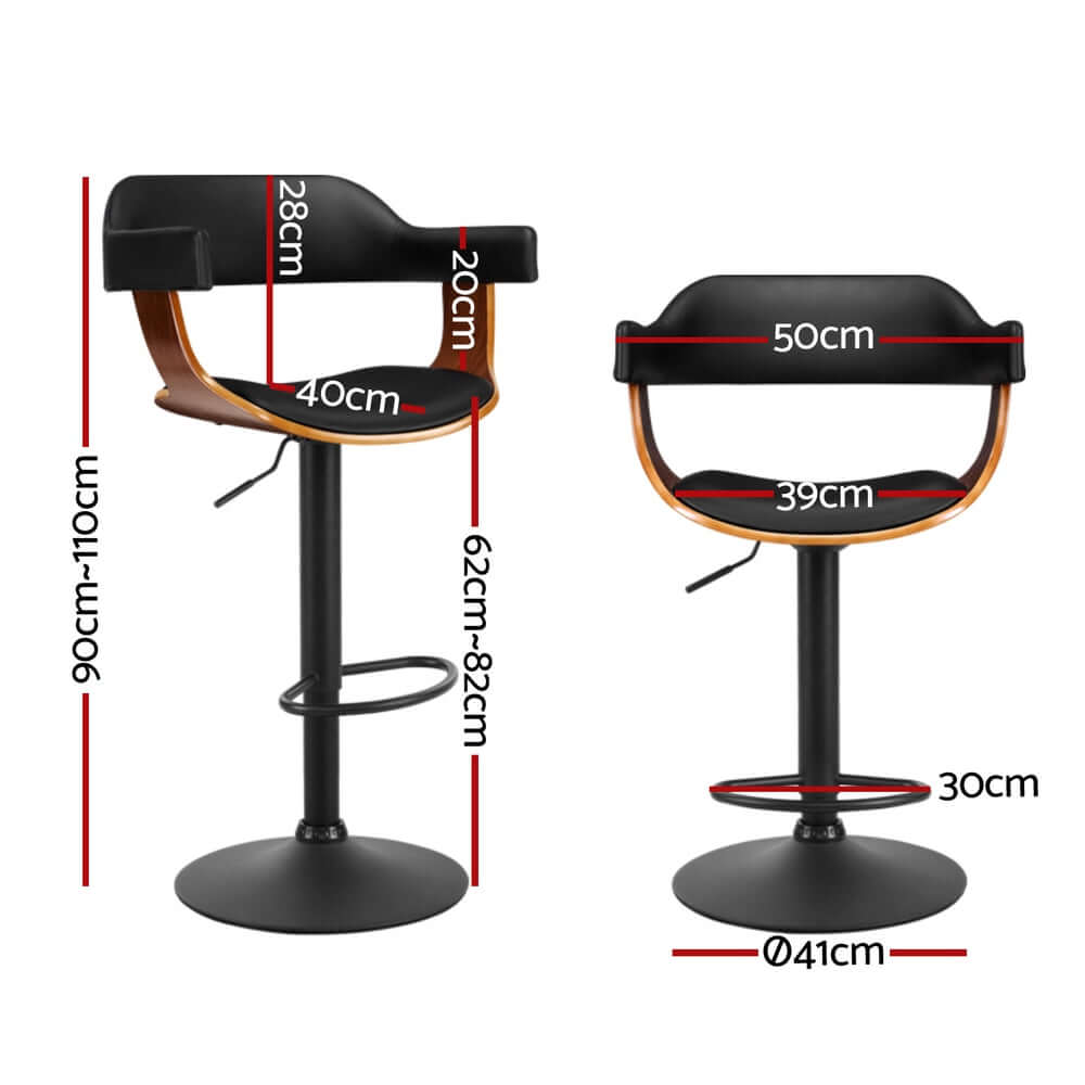 Artiss black bar stools dimensions with gas lift, PU leather seat, and wooden backrest for modern decor.