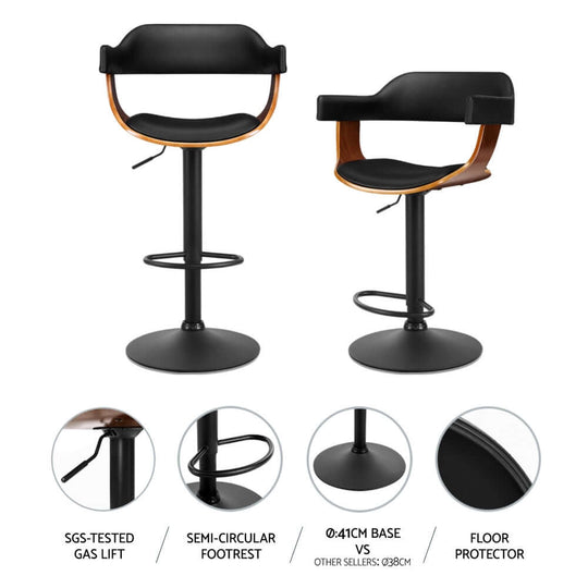 Artiss 4x bar stools in black leather with gas lift and armrest, showcasing quality design and affordable luxury.