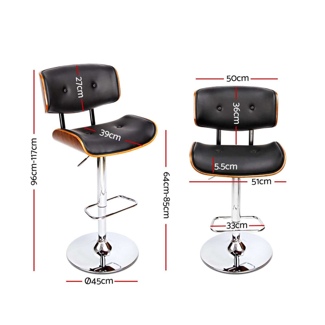 Artiss 2x Bar Stools with measurements; elegant black leather, chrome gas lift, affordable modern seating.