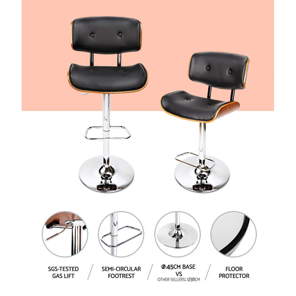 Artiss 2x Bar Stools with gas lift, black leather upholstery, stylish chrome base, affordable seating for modern decor.