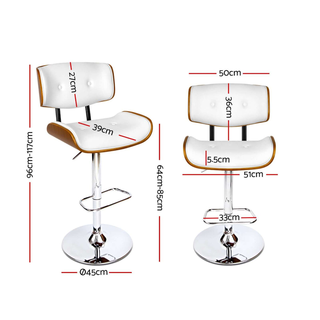 Artiss 2x Bar Stools with gas lift, white PU leather, chrome base, dimensions marked for DIY design and modern decor.