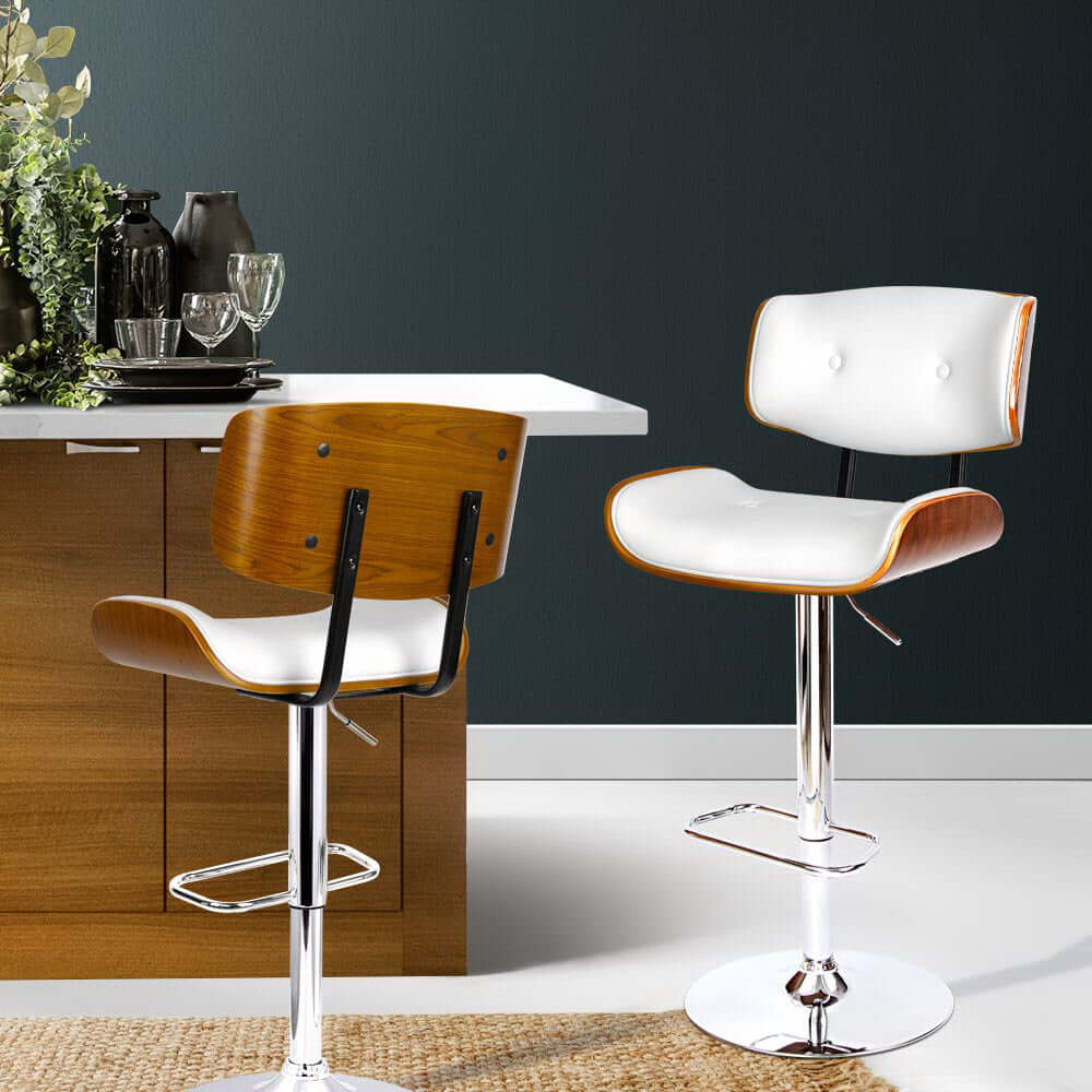 Artiss 2x bar stools in white leather with wooden back, chrome base, perfect for modern home decor.