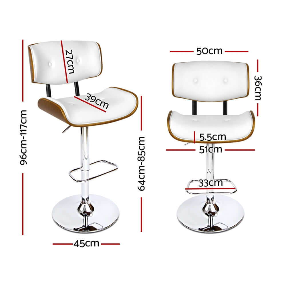 Artiss 4x gas lift bar stools dimensions in cm; modern design in white leather and chrome base, adjustable height.