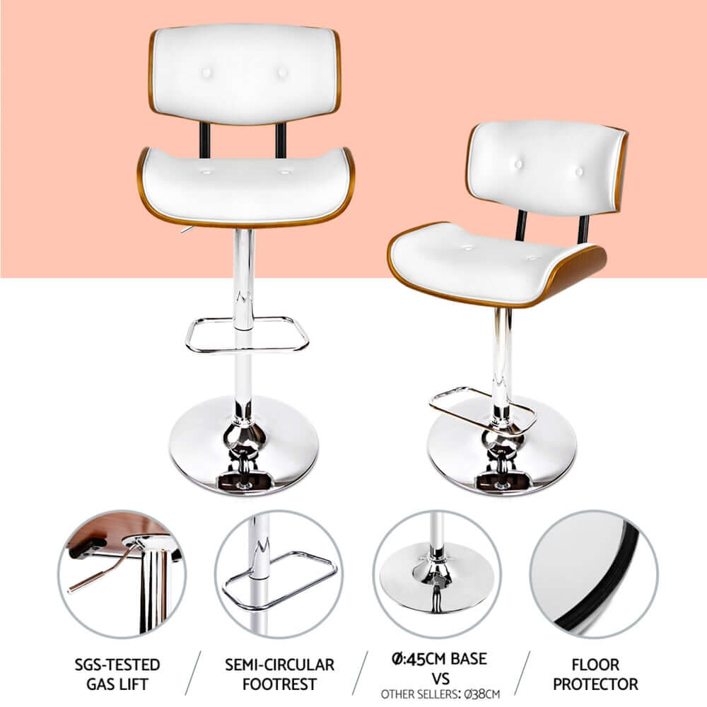 Artiss 4x white leather bar stools with chrome gas lift, modern design for affordable seating comfort.