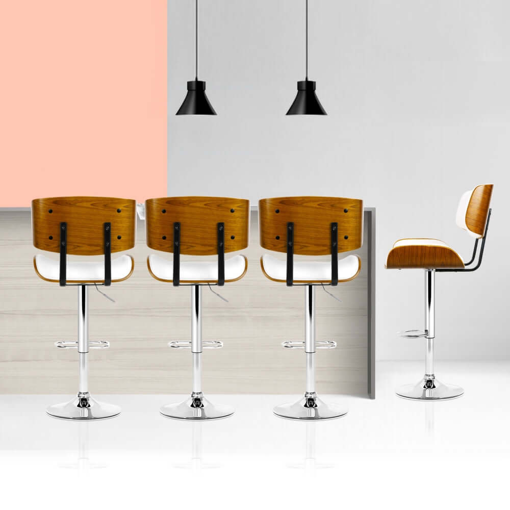 Artiss 4x bar stools in white leather with wooden back, chrome base, perfect for modern decor and DIY settings.