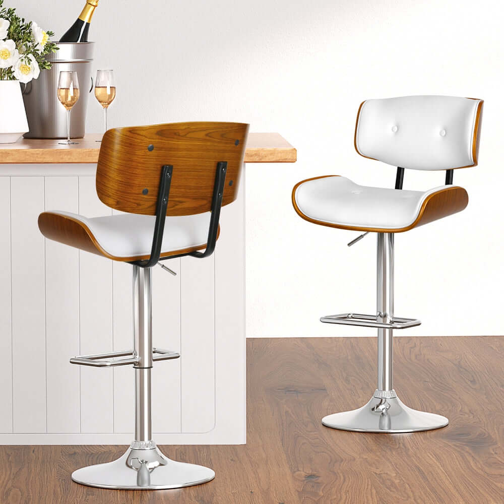 Artiss 4x bar stools with gas lift, white leather and wooden design, affordable luxury for any modern space.