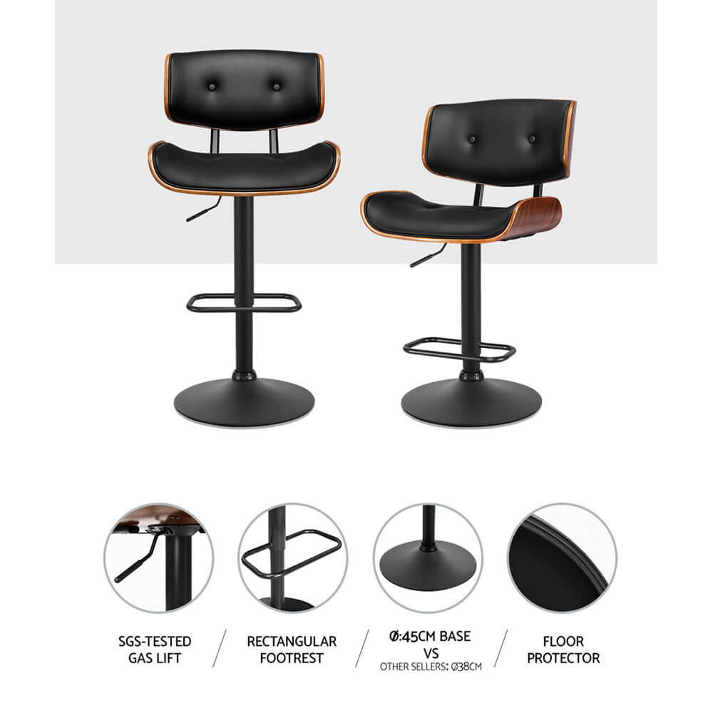 Artiss 2x bar stools featuring leather upholstery, gas lift, and footrest in elegant all-black design.