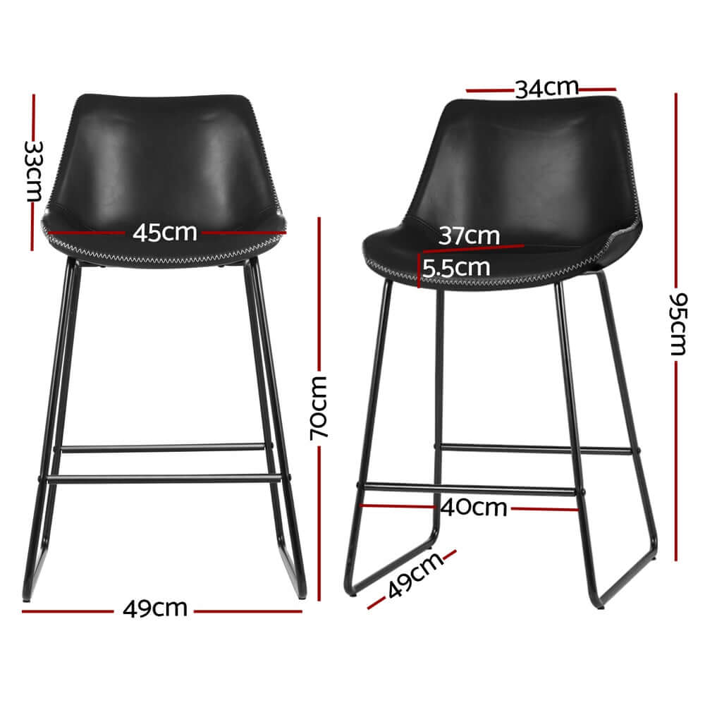 Artiss 4x bar stools dimensions: leather padded seats with metal legs in black, featuring height and width specifications.