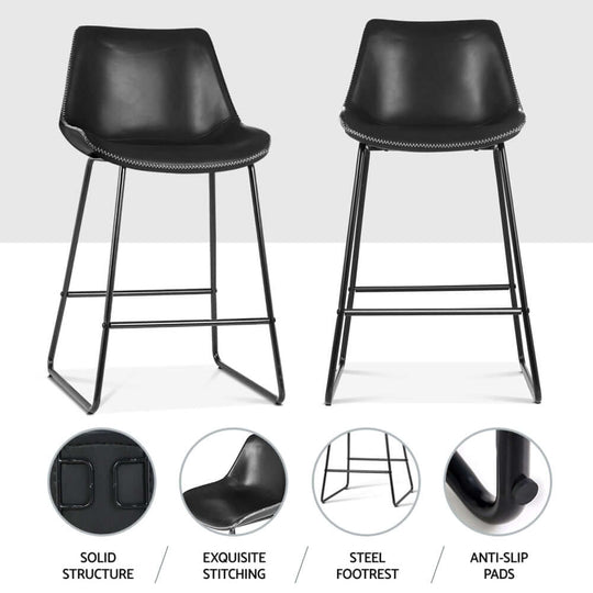 Artiss 4x black leather bar stools with padded seats, metal legs, and anti-slip pads, featuring solid structure and exquisite stitching.