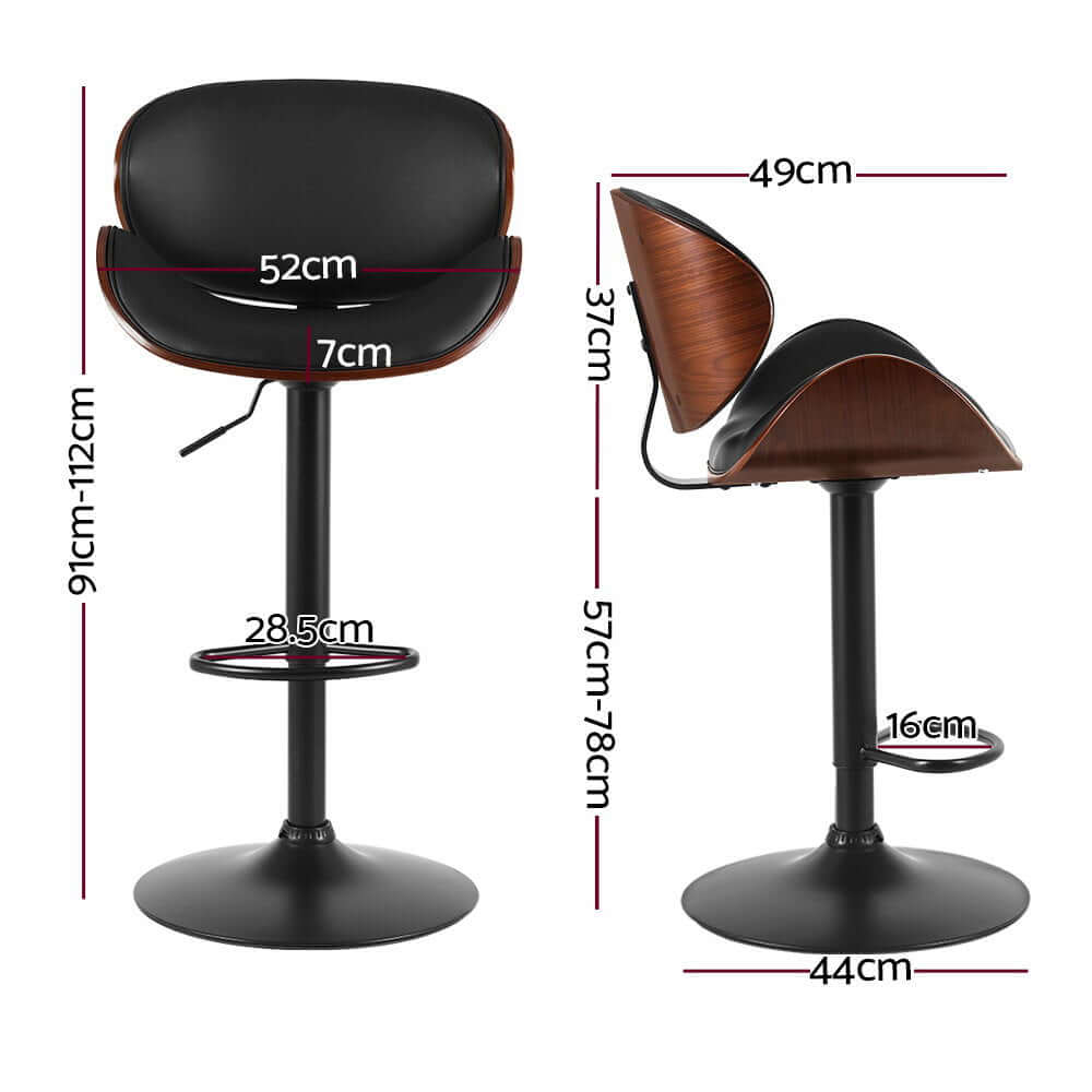 Artiss black leather bar stool dimensions and features, elegant design with swivel and gas lift, perfect for DIY home decor.