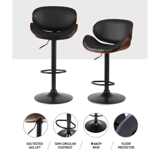 Artiss bar stools in black leather with gas lift and semi-circular footrest, showcasing modern design and premium quality.