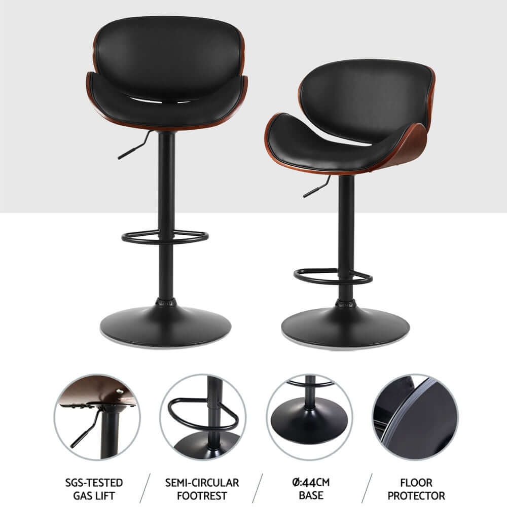 Artiss 4x Bar Stools in Black, featuring gas lift, curved backrest, and semi-circular footrest for affordable luxury.