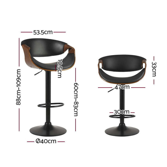 Artiss 2x bar stools with gas lift, leather finish, and armrest, showcasing dimensions and stylish design.