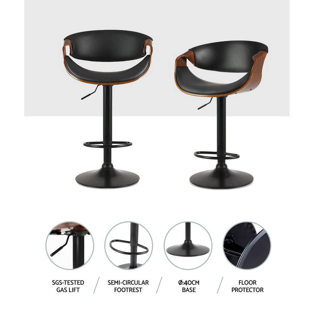 Artiss black leather bar stools with armrests, gas lift, and semi-circular footrest for quality comfort and style.