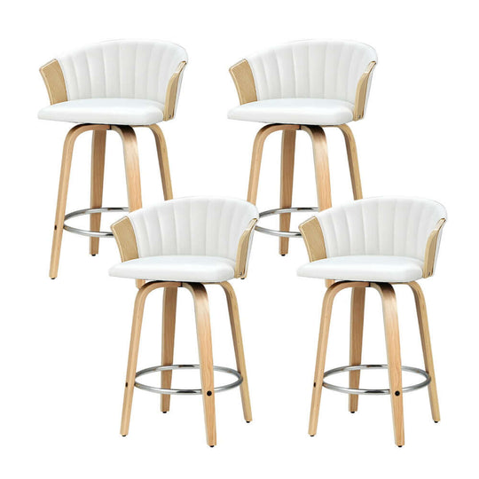 Set of 4 Artiss swivel leather bar stools with wooden legs, featuring ergonomic design and luxurious white upholstery.