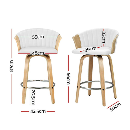 Artiss swivel bar stools dimensions: 87cm height, 50cm seat width, comfortable leather seating with wooden base.