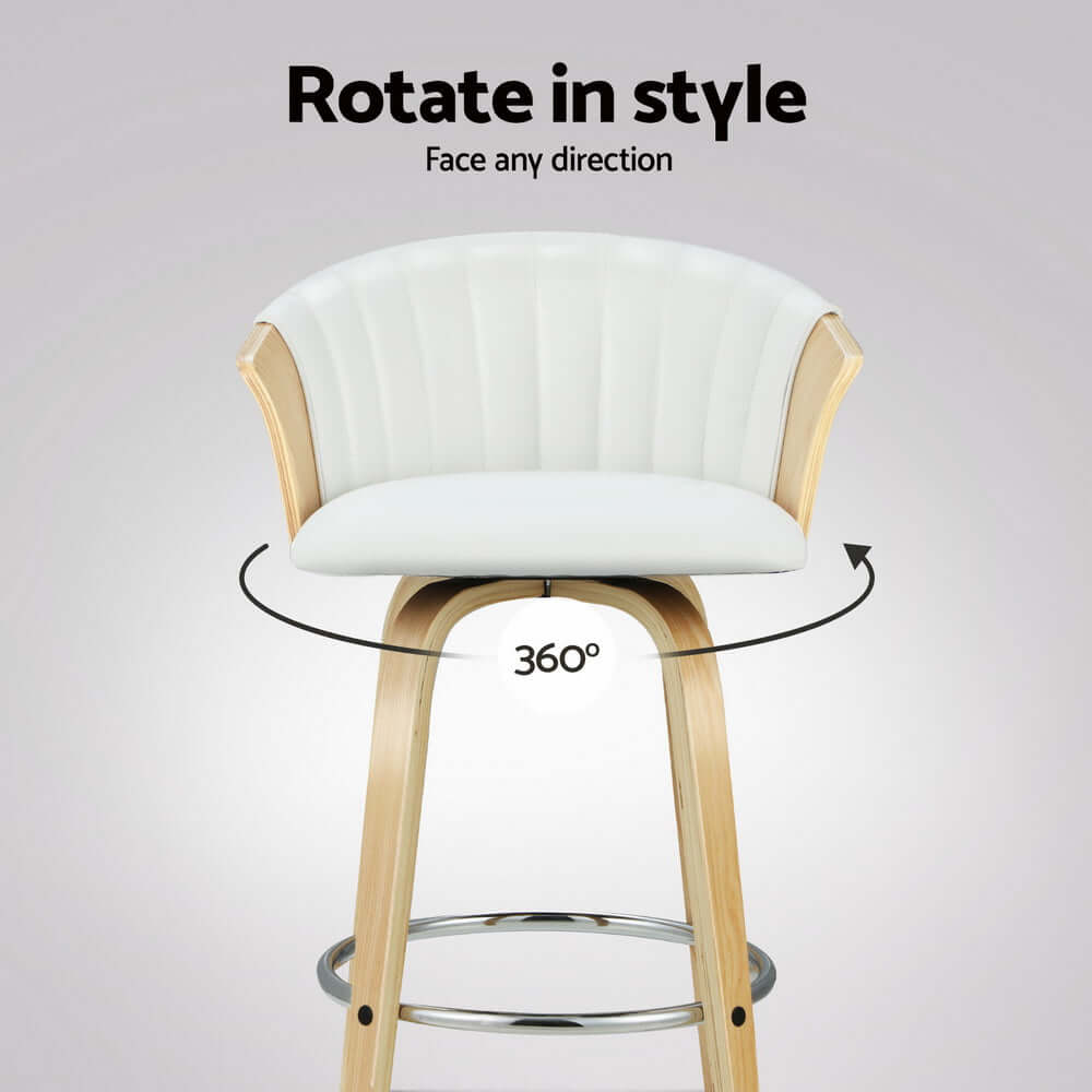 Artiss 4x swivel bar stool with white leather seat and wooden frame, showcasing 360° rotation for versatile seating.