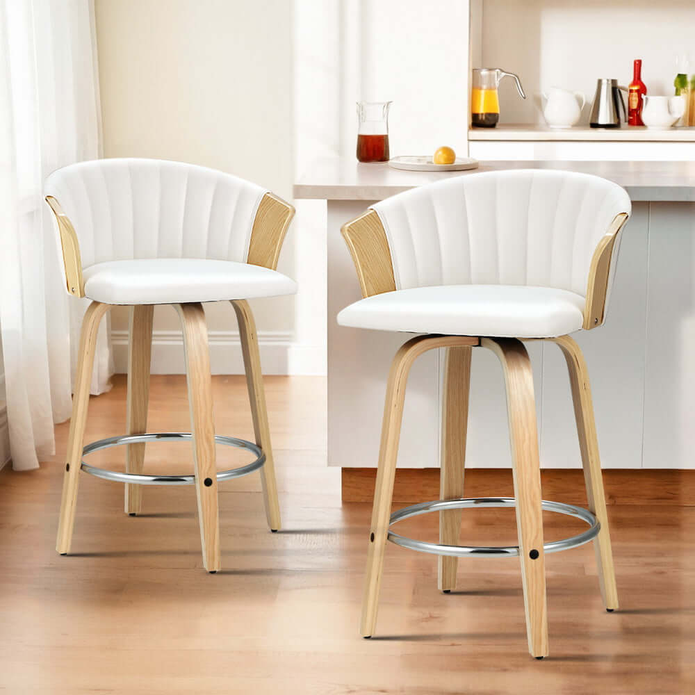 Artiss 4x swivel bar stools with white leather seats and wooden frames, combining luxury and comfort for affordable home decor.