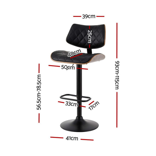 Artiss black bar stool dimensions showing height, width, and depth, featuring a padded PU leather seat and a gas lift.