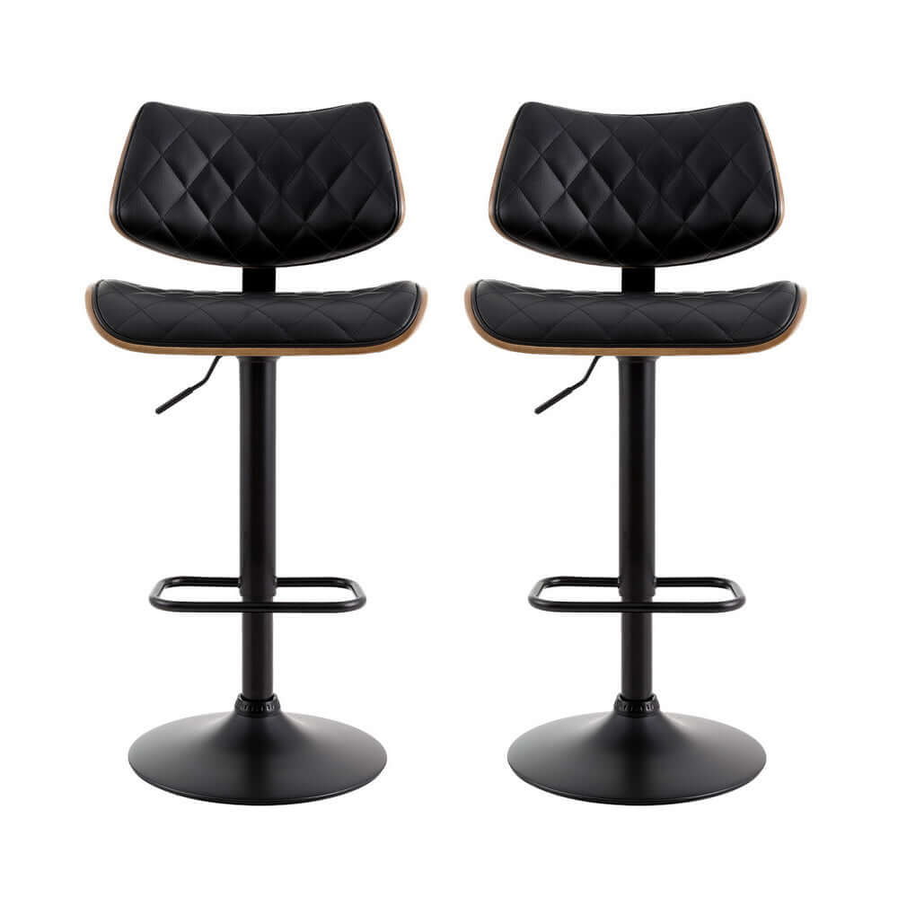 Artiss 2x Bar Stools in black with wood grain finish, adjustable height, stylish and affordable dining seating.