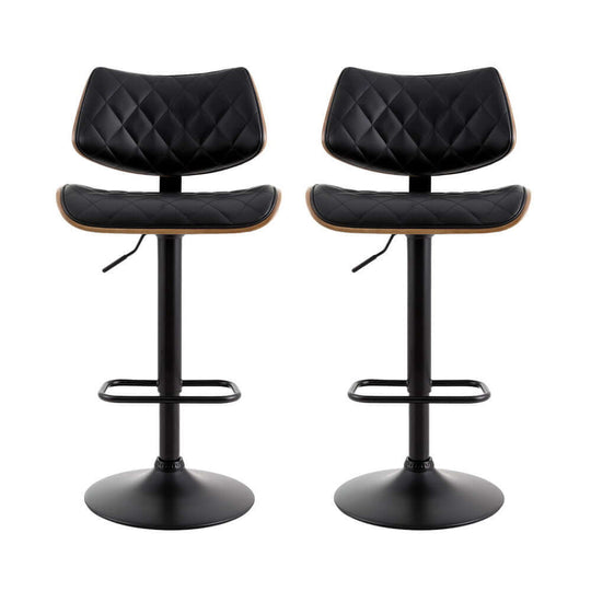 Artiss 2x Bar Stools in black with wood grain finish, adjustable height, stylish and affordable dining seating.