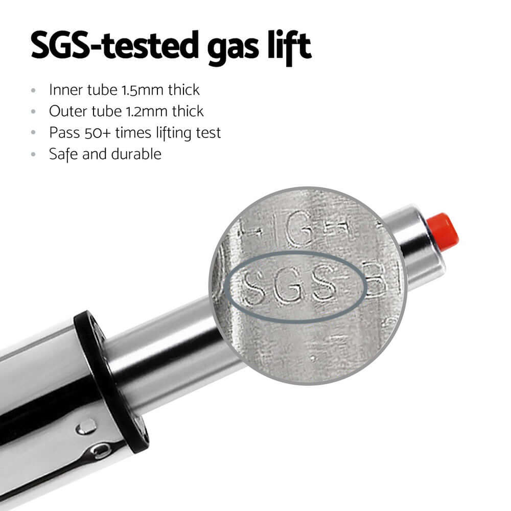 SGS-tested gas lift showcasing safety and durability for bar stools, featuring inner tube and outer tube specifications.