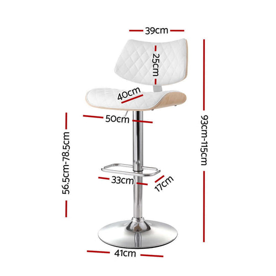 Artiss bar stool dimensions: height 93-115cm, seat width 39cm, depth 25cm, adjustable gas lift, stylish white leather.