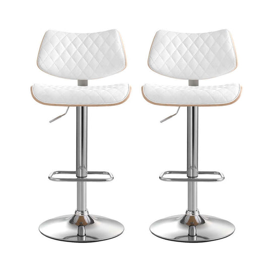 Artiss 2x white bar stools with gas lift, curved wood design, luxurious PU leather upholstery, affordable elegance for kitchens.