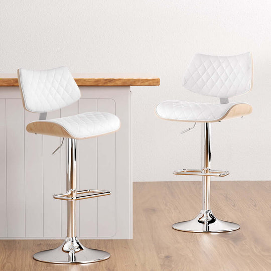 Artiss Quilla Bar Stools in white leather and bentwood for kitchen dining, offering adjustable height and 360-degree swivel.