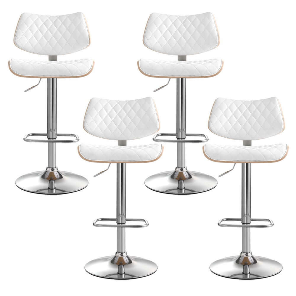 Artiss 4 white bar stools with quilted PU leather, gas lift, and chrome base for modern kitchens and dining.