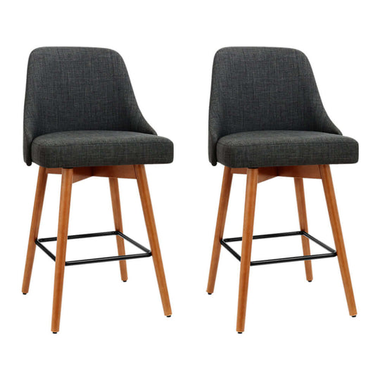 Artiss 2x Affordable bar stools with swivel seat, wooden legs, and charcoal faux linen finish, perfect for any DIY space.