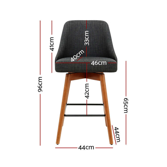 Artiss swivel bar stool dimensions: wooden legs, padded faux linen seat, comfortable mid-back design, ergonomic style.