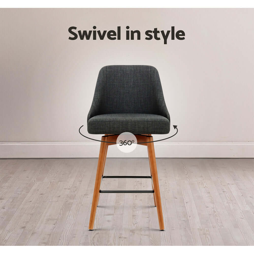 Swivel bar stool with padded seat and backrest, hardwood legs, 360-degree rotation, elegant charcoal finish.