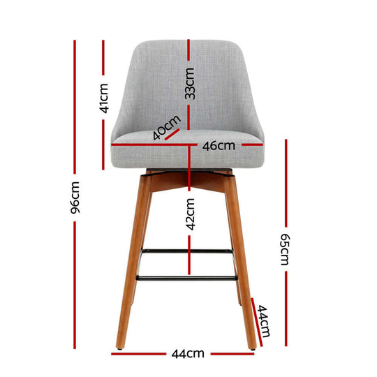 Dimensions of Artiss 4x Bar Stools with swivel seat, wooden grey finish, showcasing comfort and style.