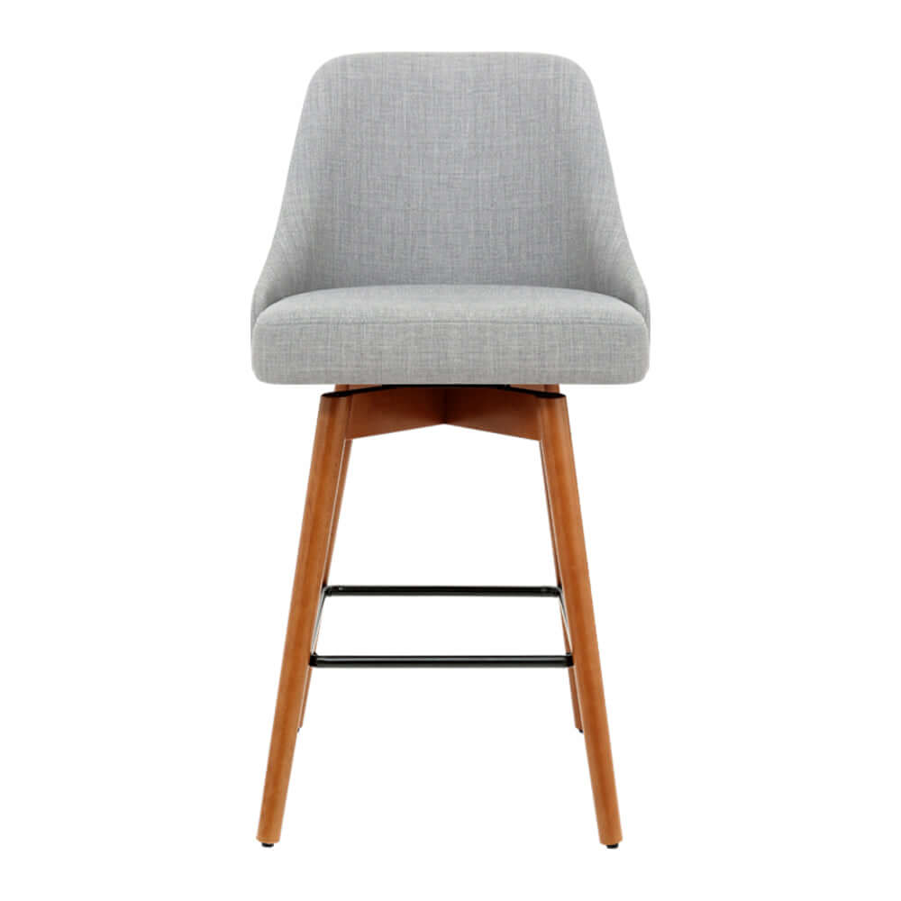 Affordable grey swivel bar stool with wooden legs and padded faux linen seat, perfect for DIY home decor.