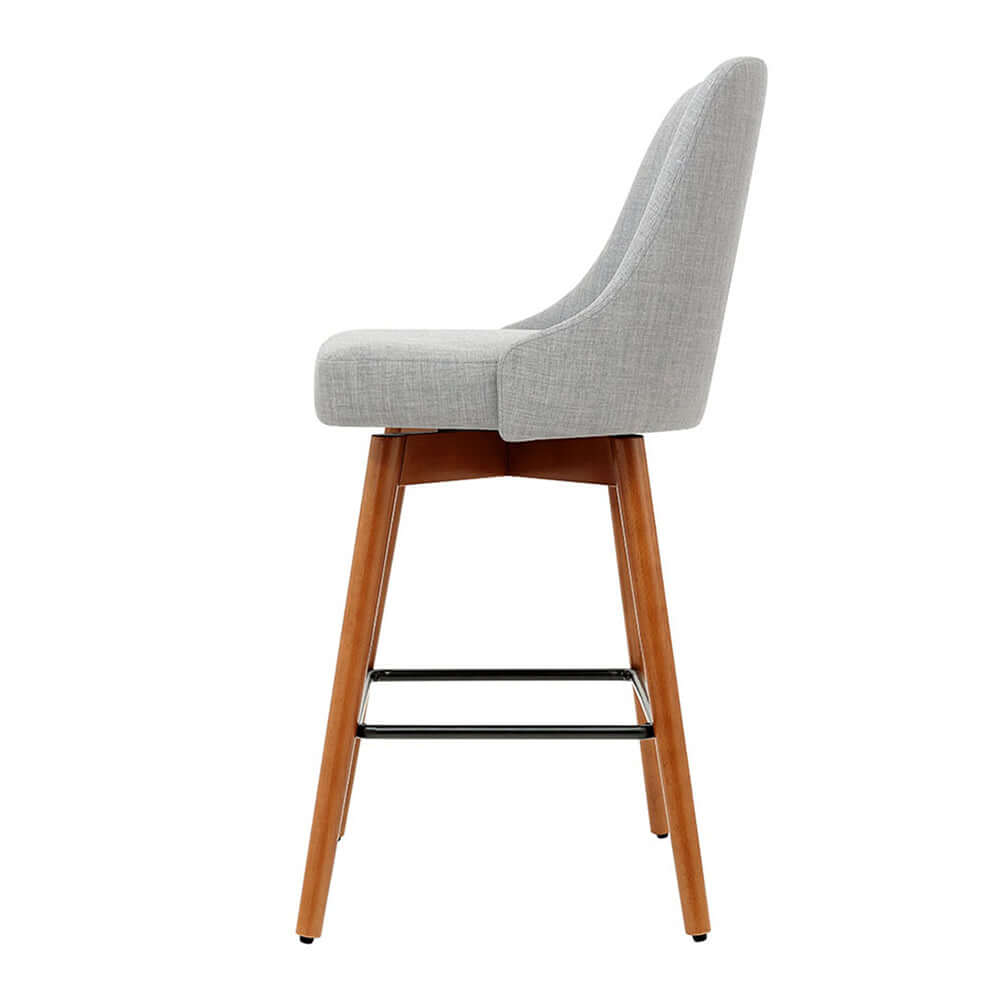 Affordable Artiss swivel bar stool in grey with comfortable faux linen seat and wooden legs, perfect for stylish DIY home decor.