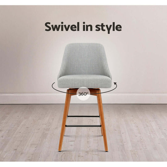 Artiss grey swivel bar stool with 360-degree rotation, featuring comfortable faux linen seat and solid wood legs.