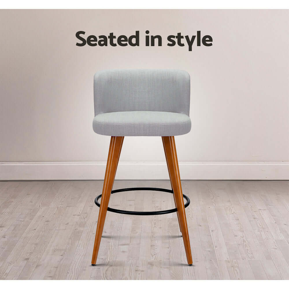 Affordable Artiss grey bar stool with padded faux linen seat and wooden legs, perfect for stylish home decor.