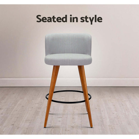 Affordable Artiss grey bar stool with padded faux linen seat and wooden legs, perfect for stylish home decor.