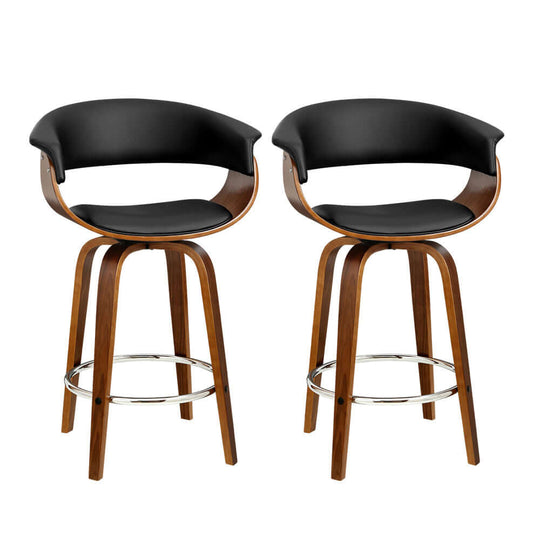 Affordable Artiss bar stools with swivel PU seat and walnut wood legs, ideal for luxe DIY decor.