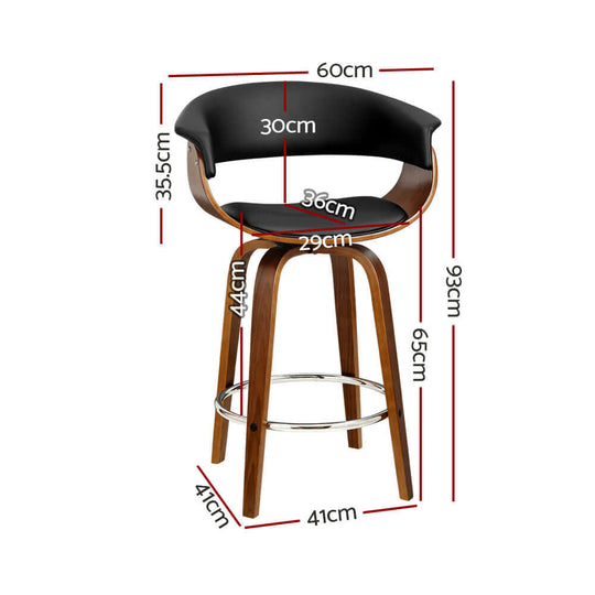 Artiss bar stool dimensions including height, width, and depth; featuring a swivel PU seat and wooden frame.