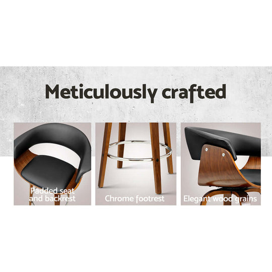 Meticulously crafted bar stools featuring padded seat, chrome footrest, and elegant wood grains for a luxurious feel.