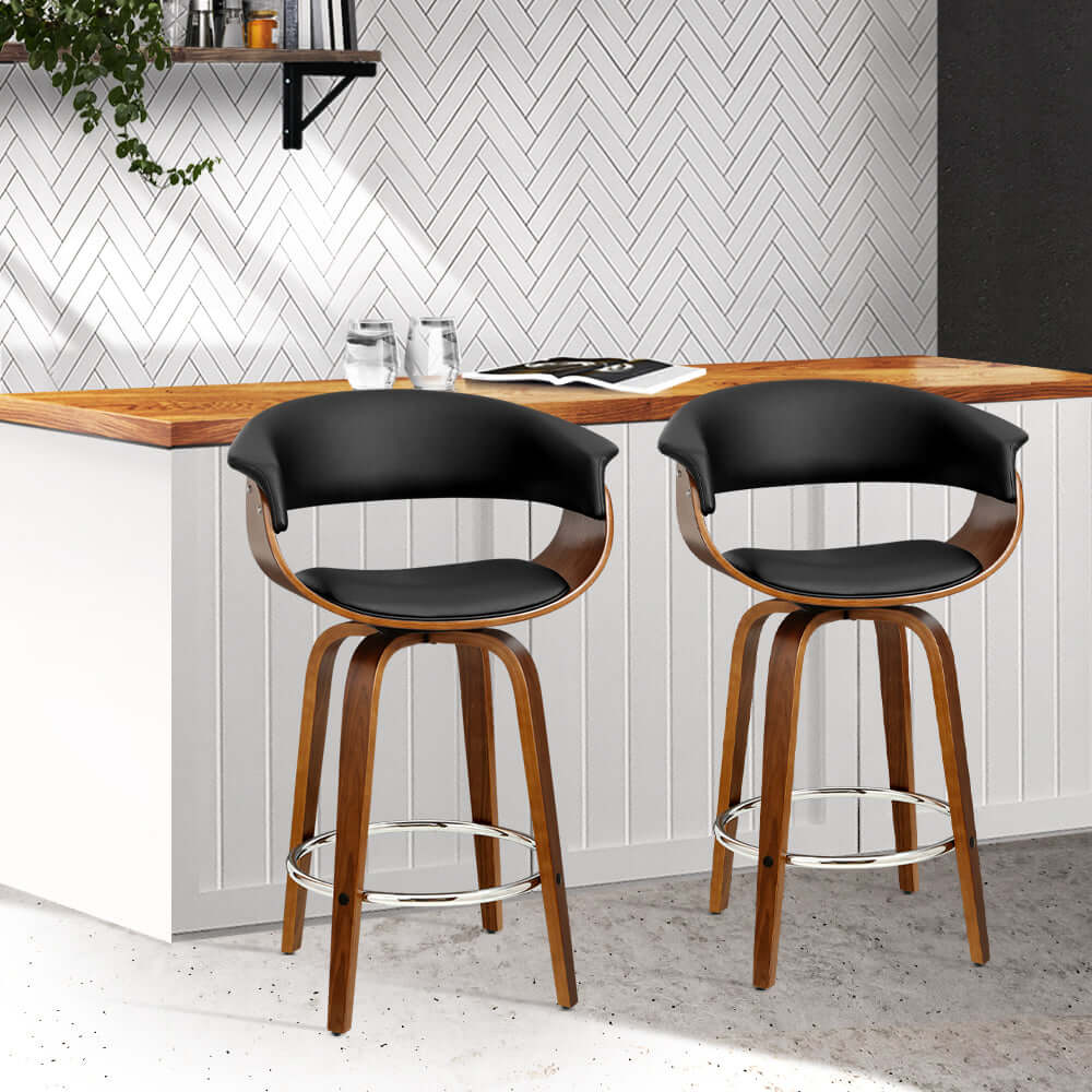 Affordable Artiss 2x bar stools with swivel PU seats and wooden frames, perfect for luxury DIY home decor.