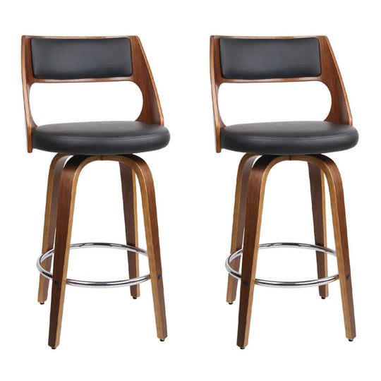 Artiss 2x bar stools in walnut finish with black PU leather seats, affordable and stylish for any DIY home decor.